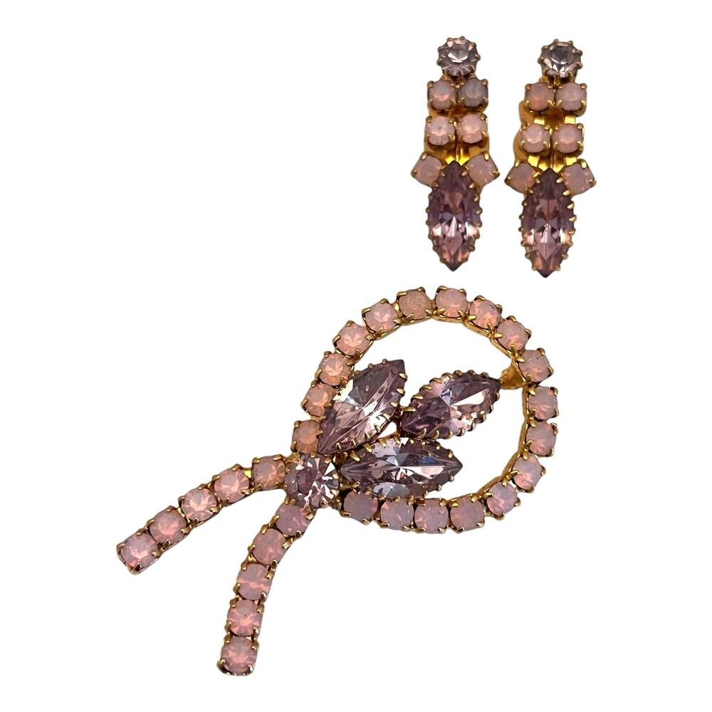 Vintage 1960s Rhinestone Brooch Earring Set Pink Crystals Purple Navettes - 5Q